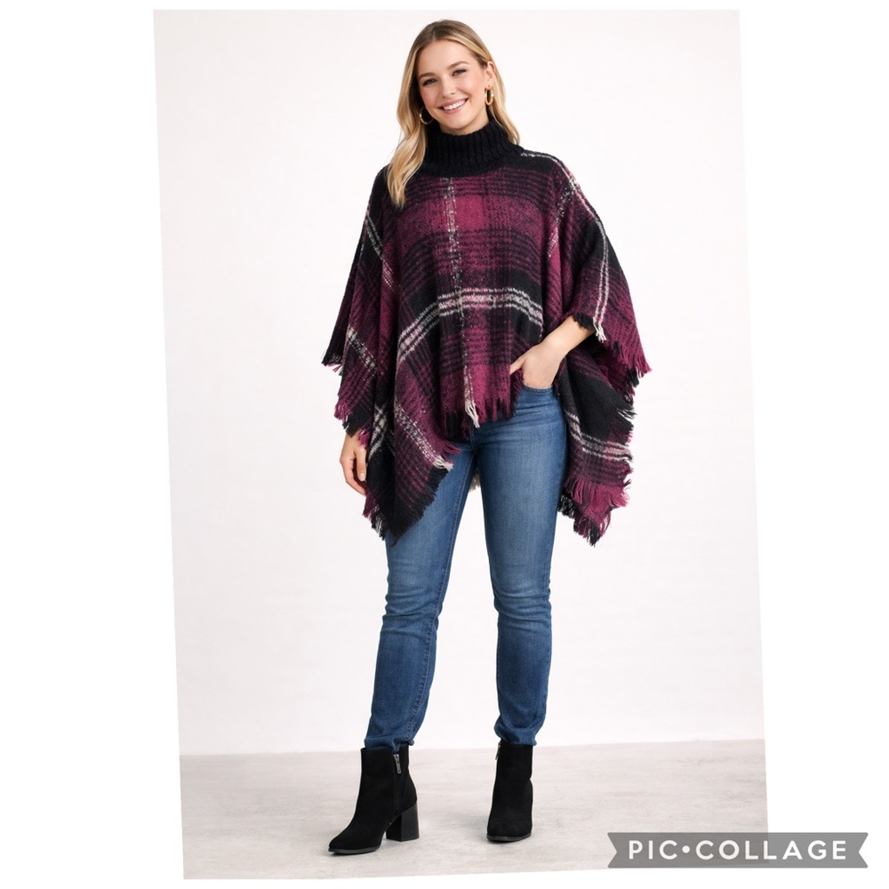 NEW MAX EDITION PLAID FRINGE PONCHO